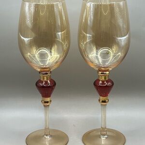 Pier One Imports Amber Luster Glass Water Wine Goblets Gold Trim Ruby Red Glass